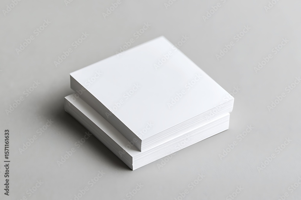 Two Square Stacks of Clean White Paper Sheets on Soft Gray Background Surface Two Square Stacks of Clean White Paper Sheets on Soft Gray Background Surface