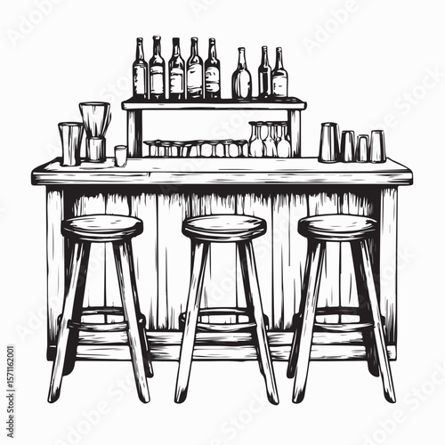 Rustic wooden bar with beer taps and stools image vector on white background.