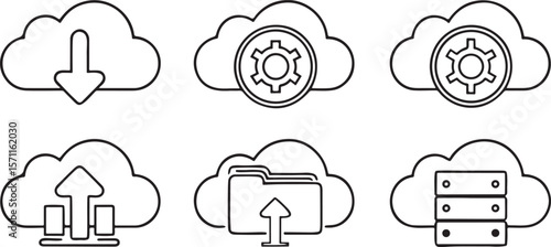 Cloud storage and file sharing icon pack, includes upload, download, sync, cloud folder, file transfer, storage limit, editable clean flat tech black vector