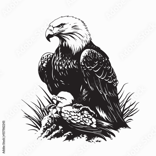 Eagle and Its Young Fiercely Staring Ahead Together Toward Their Opponent Vector Illustration