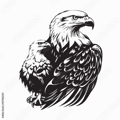 Protective Eagle With Baby Fiercely Gazing Toward Enemy in Vector Design Art