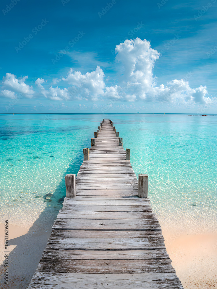 Obraz premium Serene tropical beach paradise with wooden pier stretching out to the calm turquoise ocean under a bright sunny sky.