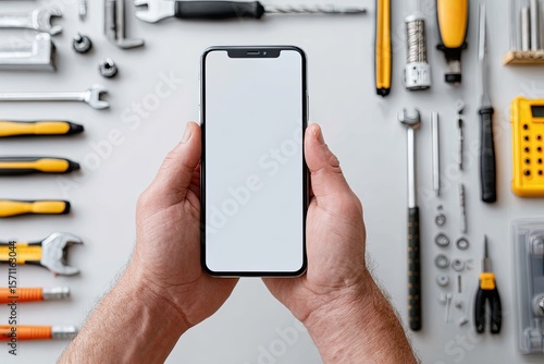 Hands hold smartphone surrounded by various tools, highlighting