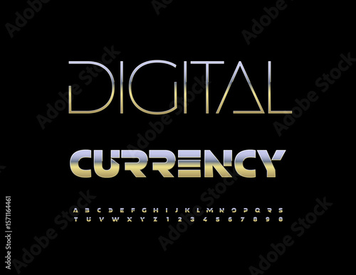 Vector Financial icon Digital Currency. Trendy Metallic Font. Silver Uppercase Alphabet Letters and Numbers set. 