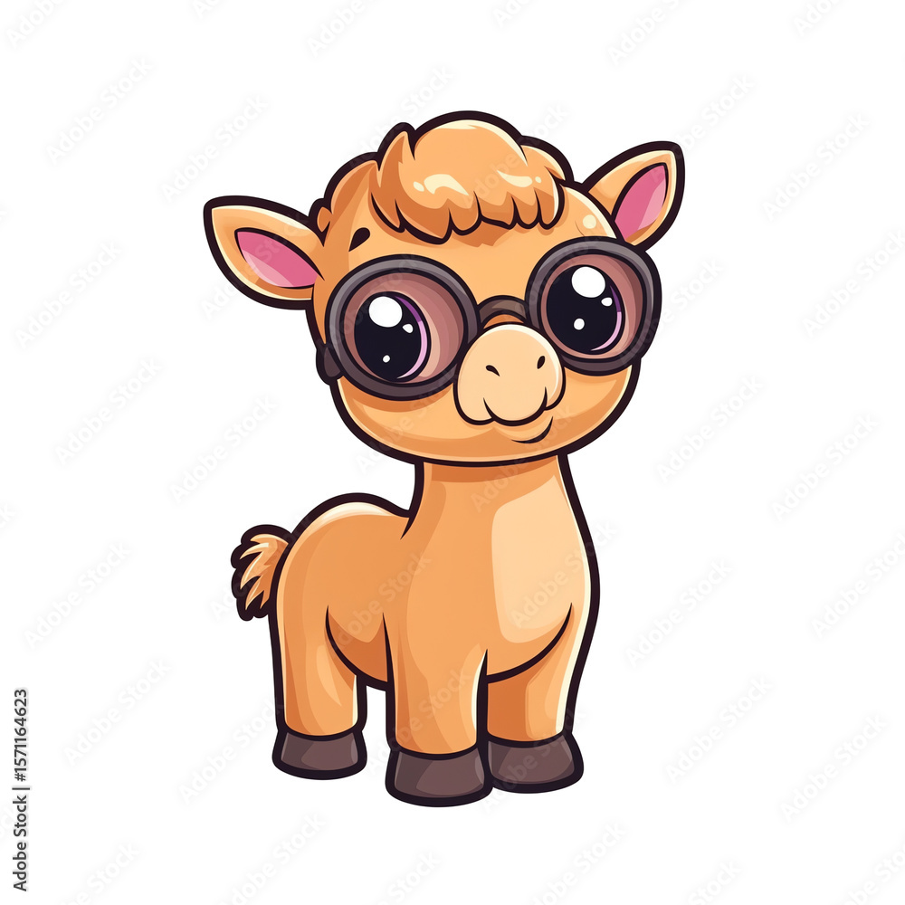 Fototapeta premium Adorable Cartoon Camel Calf Wearing Glasses: Cute Animal Illustration Perfect for Children's Books, Clothing, and More!