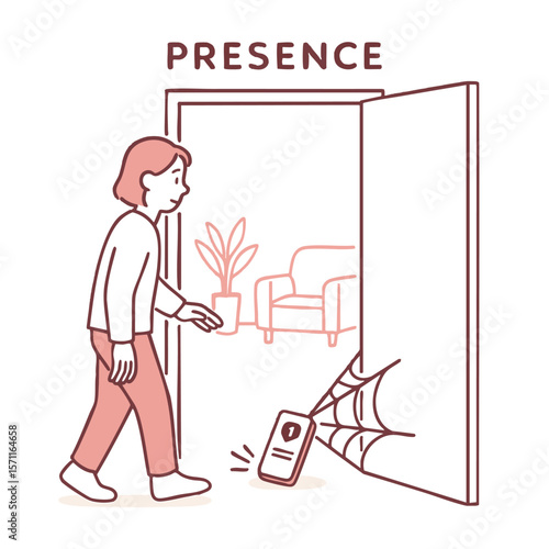 Illustration of person entering room, noticing phone caught in spider web, symbolizing presence