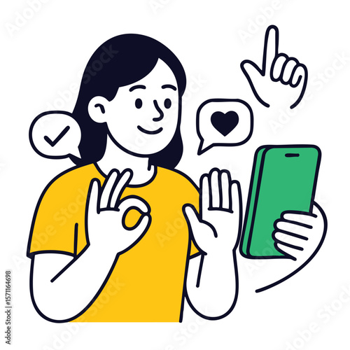 Obraz na płótnie Engaging illustration of person using smartphone, expressing positivity and conn