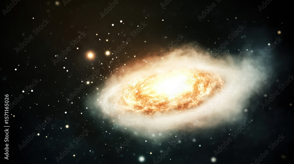 Naklejka premium Glowing spiral galaxy surrounded by bright stars and cosmic dust in deep space, creating mesmerizing celestial scene with vibrant light trails and sense of vastness