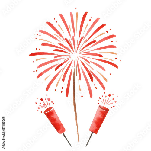 Red and orange fireworks burst isolated on transparent background