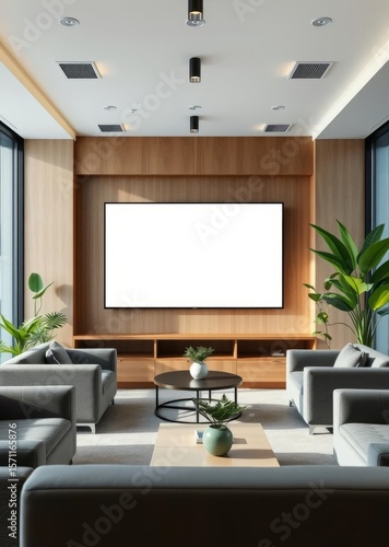 A blank tv screen in a modern office lounge with comfortable sofas green plants and a coffee table for business or corporate videos Empty room interior design architecture blank design room