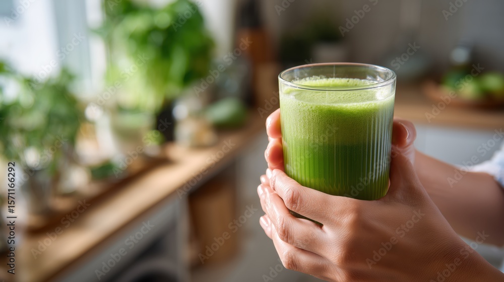 Fototapeta premium Close-up of hands holding glass of fresh green juice in bright kitchen, healthy detox drink and wellness concept