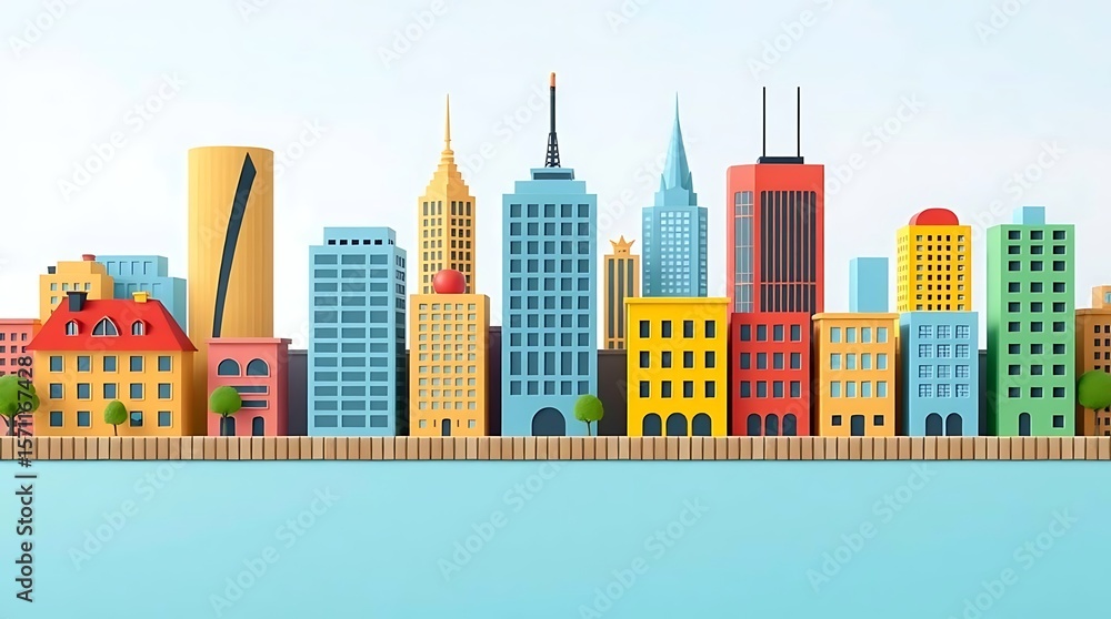 Fototapeta premium Modern City Skyline Illustration with Diverse Architecture on White Background and Clear Detail