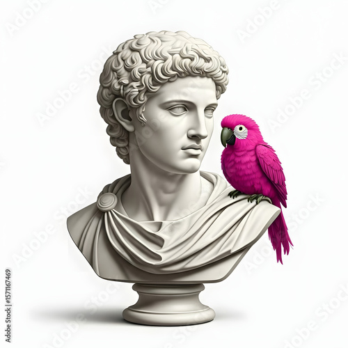A white Roman bust with a pink toy parrot perched on its shoulder, against a soft white background, creating a striking yet simple composition