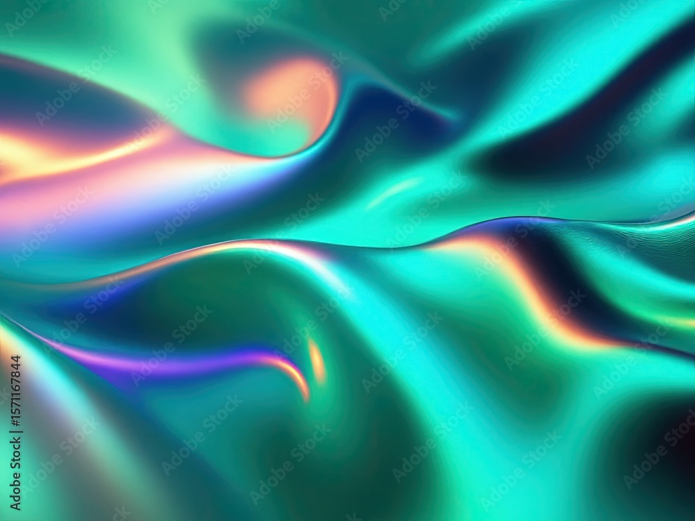 Fototapeta premium abstract iridescent waves in glowing green, blue, and orange, smooth reflective liquid motion background