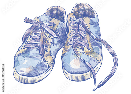 Watercolor drawing of sneakers. Realistic illustration of shoes with laces. Blue worn sneakers for travel and sports. For postcards, stickers, T-shirts, notebooks, shoppers. Artistic illustration.