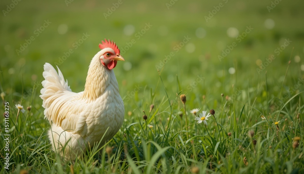 Fototapeta premium A copy space image is a picture of a chicken or hen in a field of grass with a clear background that is perfect for text or graphics.