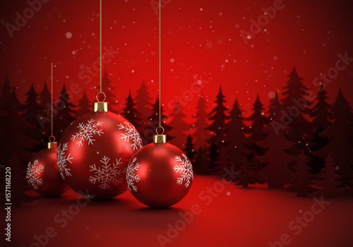 Hanging Christmas Ornaments with Pine Tree Background