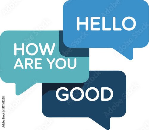 Three colorful speech bubbles with hello how are you and good on a white backdrop