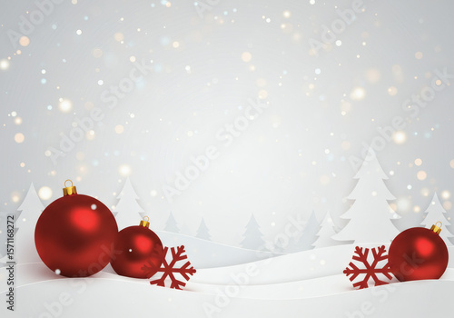 Christmas Balls and Snowflakes on White Winter Background