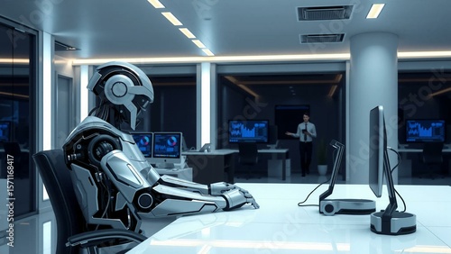 AI-Powered Robot Working in a Modern Office Environment, Symbol of Automation – AI generated