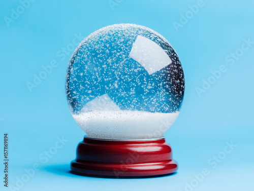 Empty snow globe with golden base on blue background