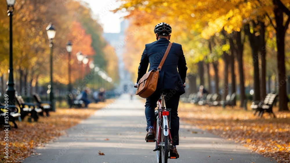 Obraz premium Businessman commuting by bicycle through autumn park wearing suit and helmet with shoulder bag on bright fall morning.