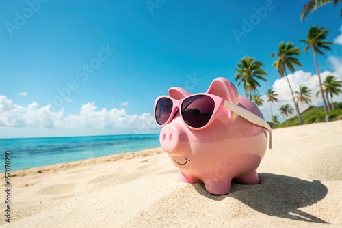 Pink Piggy Bank Wearing Sunglasses on Sandy Beach with Blue Sky and Ocean Background