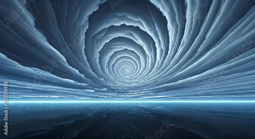 An abstract fantasy scene where cumulus clouds form a swirling vortex in the sky, creating an entrancing visual effect over a tranquil, futuristic landscape