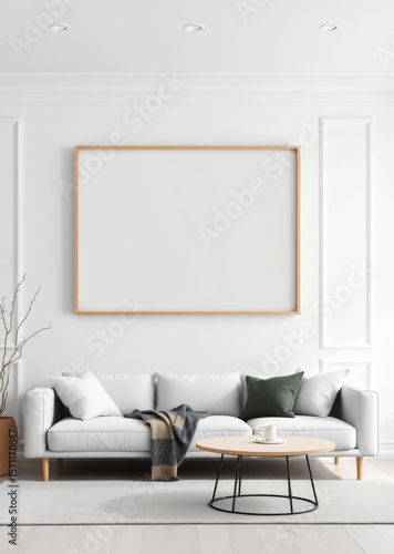 Blank picture frame mockup on white wall white living room design view of modern scandinavian style interior with sofa home staging and minimalism concept Empty room interior design Ultra realist