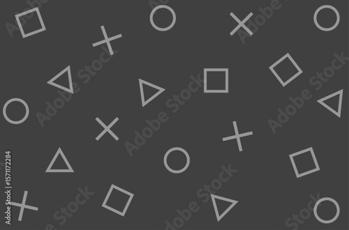 Geometric shapes, triangles, squares, circles and crosses floating on a grey background.