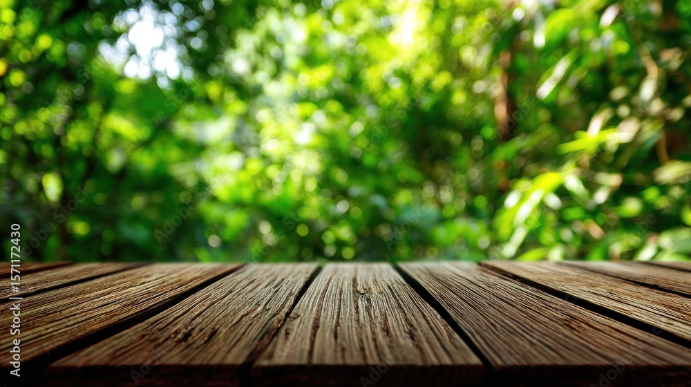 Rustic wooden planks with lush green background Rustic wooden planks with lush green background
