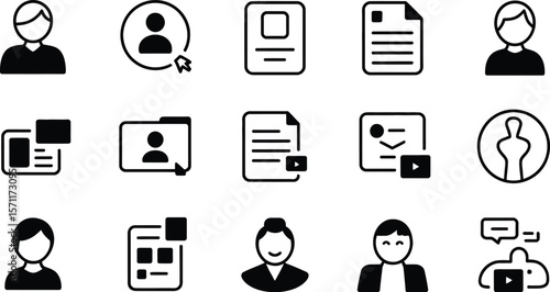 A collection of fifteen black and white outline style user interface icons