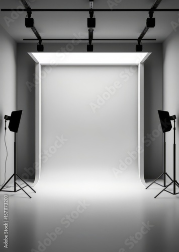 A sleek 3d lightbox frames a minimalist gray studio backdrop offering a clean modern setting for professional stock photo shoots with ample room for creativity Empty room interior design Ultra rea