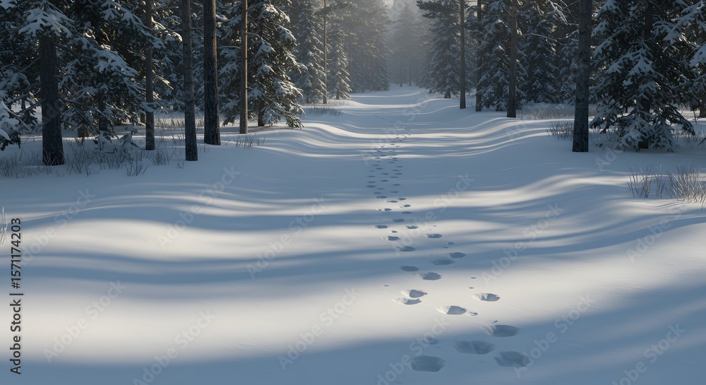 Fototapeta premium Footprints in fresh snow on a serene winter forest path. Snowy landscape with pine trees and long shadows under soft sunlight.