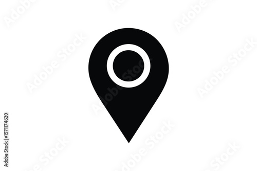 Modern minimalist black location pin icon graphic; simple, clean design; isolated on white background; perfect for maps, navigation apps, and website design projects; professional, corporate style; co