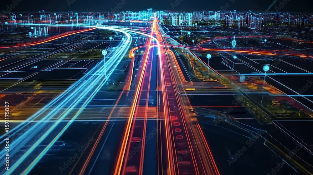 A futuristic cityscape with illuminated roads and digital overlays depicting traffic flow.