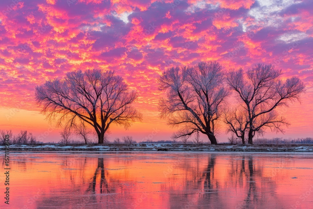 Obraz premium Winter sunrise over a frozen river. Silhouette of trees with frost, vibrant pink and orange sunrise reflected on ice-covered water