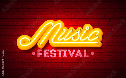 Music Festival Banner Illustration with Glowing Neon Light Signboard and Typography Letter on Vintage Brick Wall Background. Vector Musical Celebration Design Template for Post Card, Greeting Card