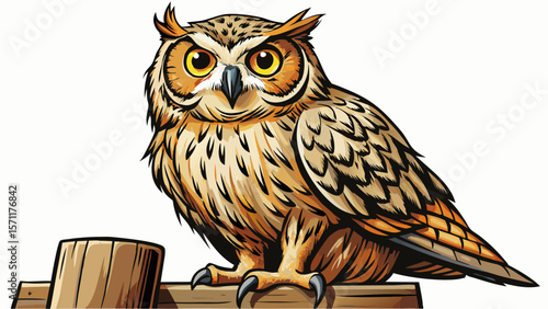 A close up of a european eagle owl perched on a post and staring forward. Taken against a dark background the eyes are penetrating the viewer