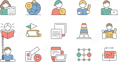 Set of line icons illustrating various business and work scenarios