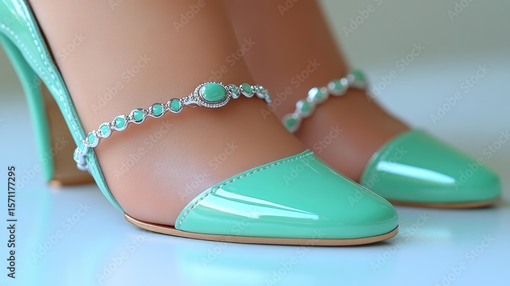 Obraz premium Close-up of mint green high heels with jeweled ankle straps