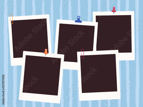 square polaroid photo frame collages - white color with colorful pins and blue stripped background