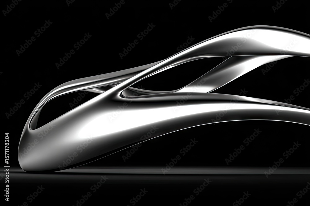 Obraz premium Abstract metallic form, sleek and flowing. A silver, polished metal object, with curves and intersecting lines, rests on a dark surface