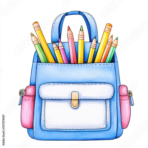 Colorful school backpack filled with various art supplies and vibrant colored pencils for children and students