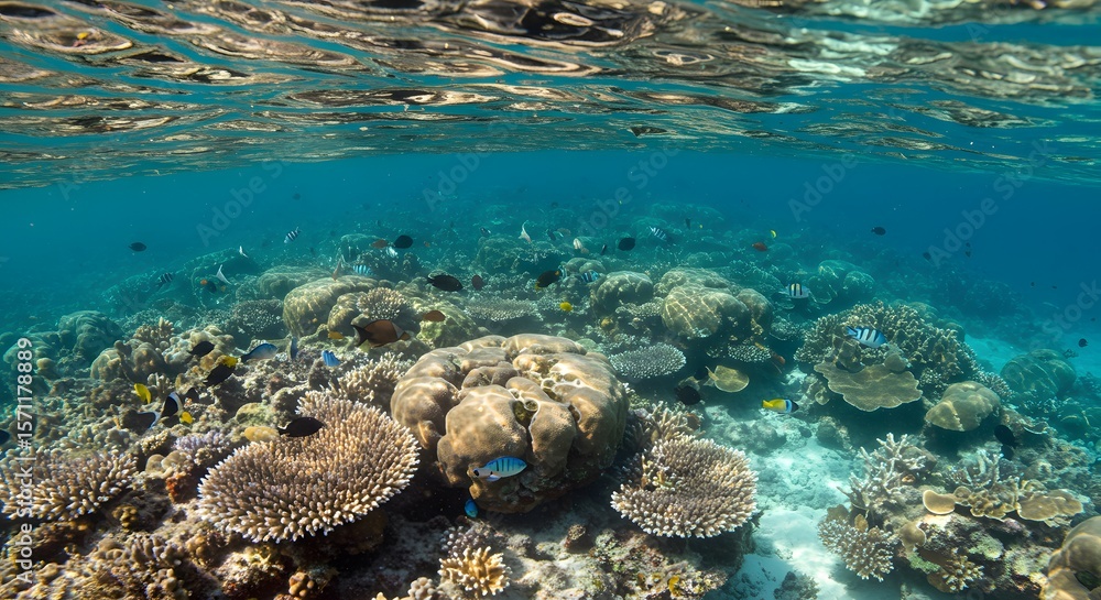 Fototapeta premium Vibrant Coral Reef Underwater: Diverse Marine Life in Clear Blue Ocean with Visible Water Surface