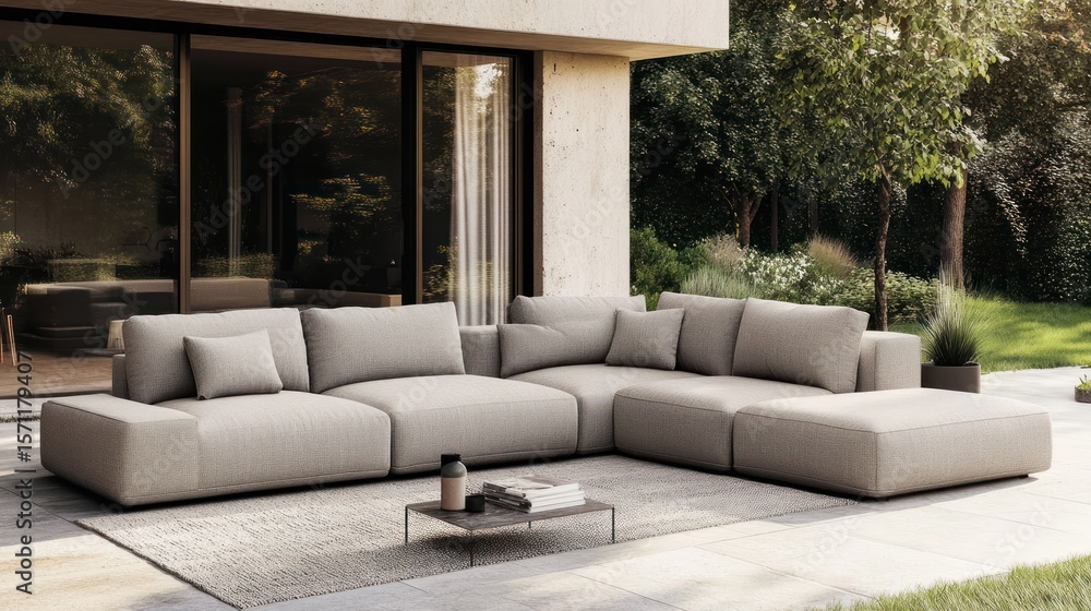 Obraz premium Modern Outdoor Living: Luxurious Sofa and Tranquil Garden Setting