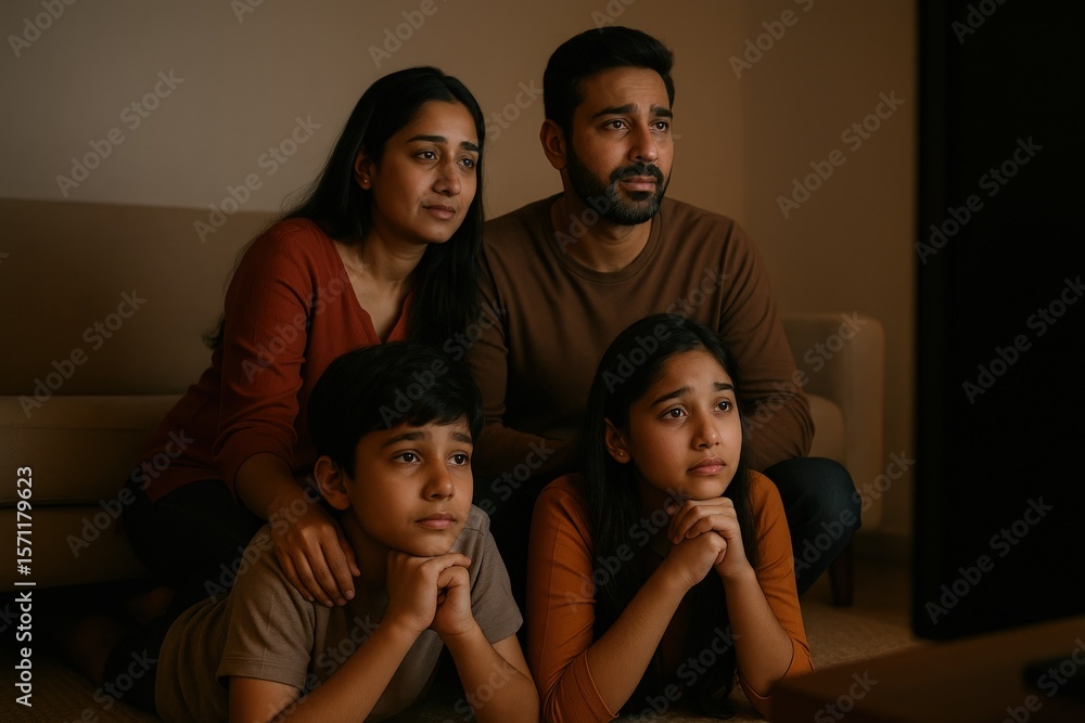 Obraz premium Indian Family Watching TV Together, Cozy Evening Bonding