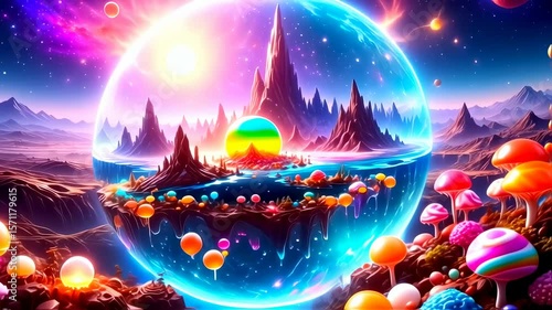 Surreal landscape with glowing orb, psychedelic mushrooms, and fantasy mountain range