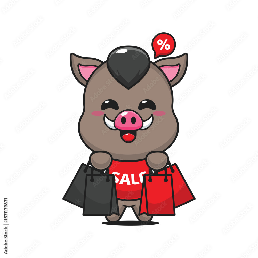 cute boar with shopping bag in black friday sale cartoon vector illustration