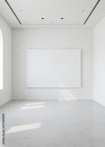Minimalistic style art studio space mockup huge white framed blank art canvas on large wall in minimal room soft day light gallery exhibition exposure ai generative Empty room interior design 